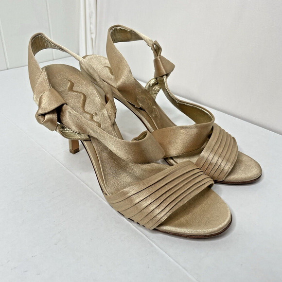 Nina Kitten Heels Shimmer Gold Bow Party Evening Y2K Peep Toe Glam 2000 8M - Picture 1 of 8